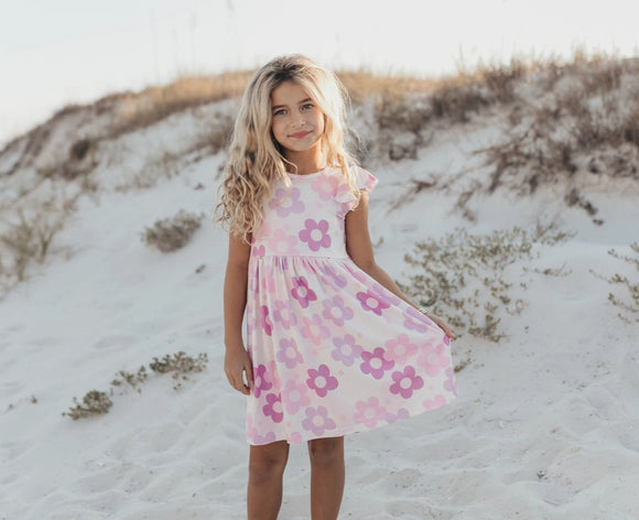 Lavender Retro Flower Twirl Dress