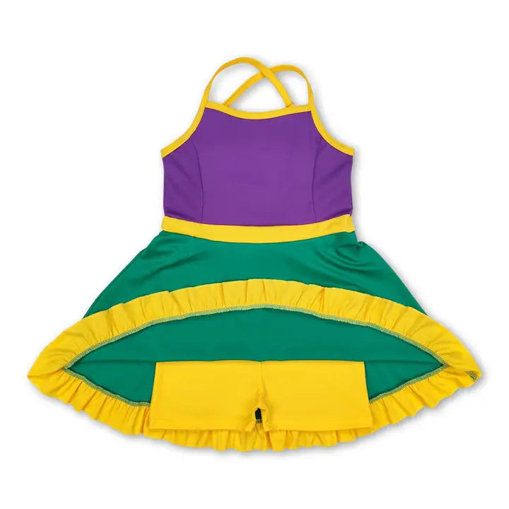 Yellow Purple Green Straps Girls Mardi Gras Athletic Dress - 0