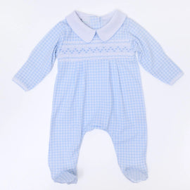 Mini Checks Smocked Footie - Blue