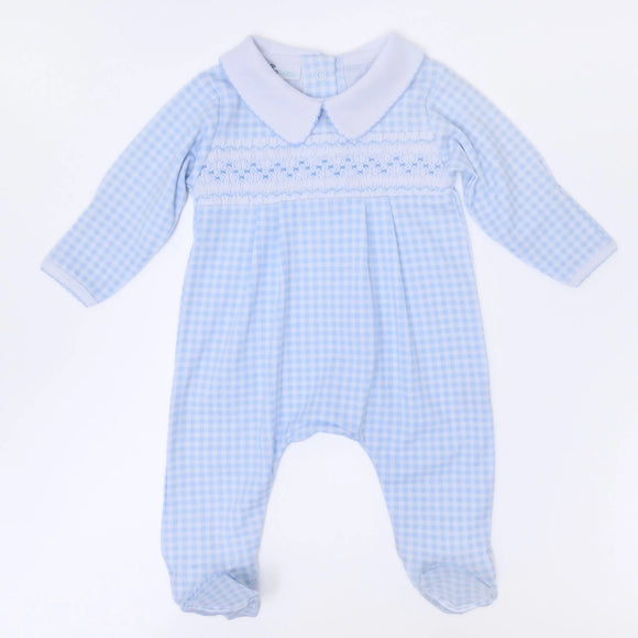Mini Checks Smocked Footie - Blue