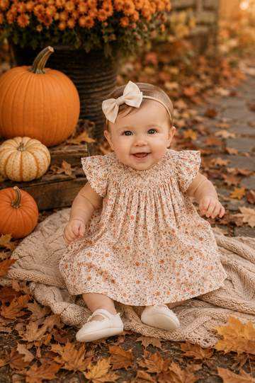 Brown Floral Smocked Bishop Dress - 0