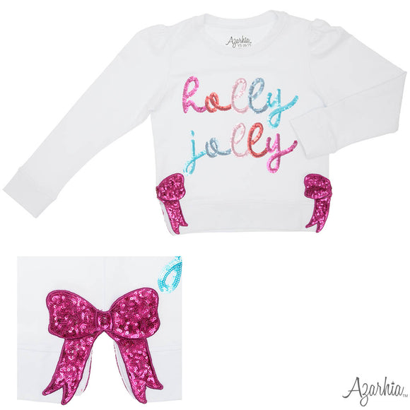 Sequin Holly Jolly on White Holly Hot Pink Bows