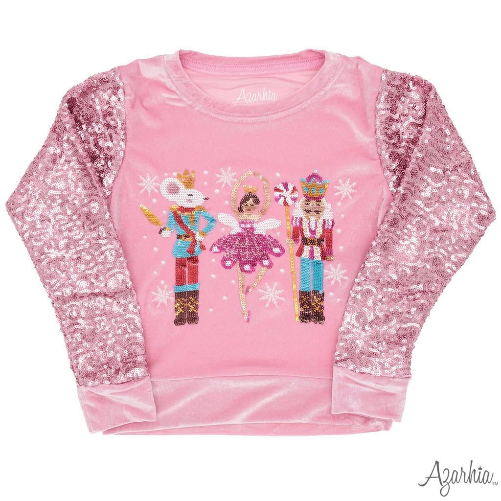 Nutcracker Sequin Sleeve on Pink Velvet Sweatshirt