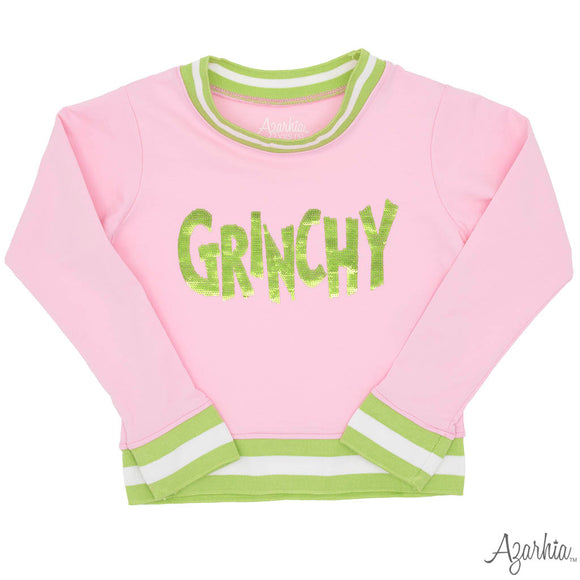 Grinchy in Sequin on Pink Crew Sweatshirt