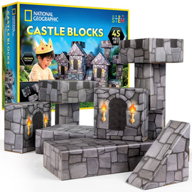 National Geographic Castle Blocks for Kids 45-Piece Jumbo Cardboard Brick Set with Drawbridge and Crowns