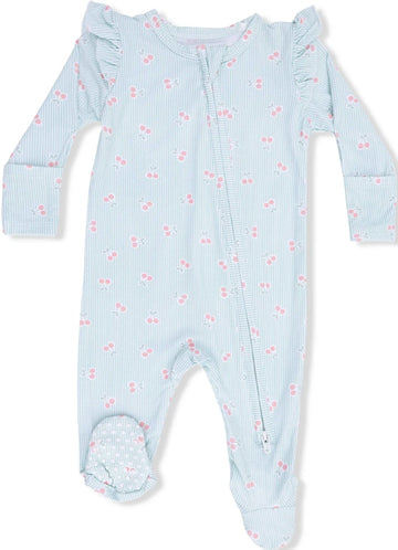 Tiny Cherry Stripe 2 Way Ruffle Sleeve Zipper Footie