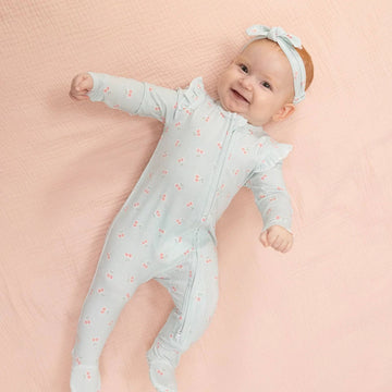 Tiny Cherry Stripe 2 Way Ruffle Sleeve Zipper Footie - 0