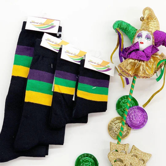 Black Socks with Purple Green Gold Stripes