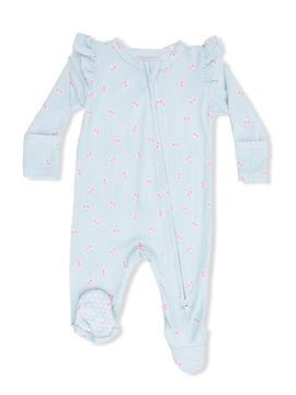 Tiny Cherry Stripe - 2 Way Ruffle Sleeve Zipper Footie