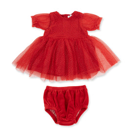 Velour Holiday Red - Puff Sleeve Dress With Tulle Overlay