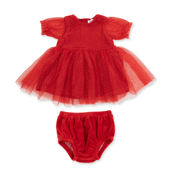 Velour Holiday Red - Puff Sleeve Dress With Tulle Overlay