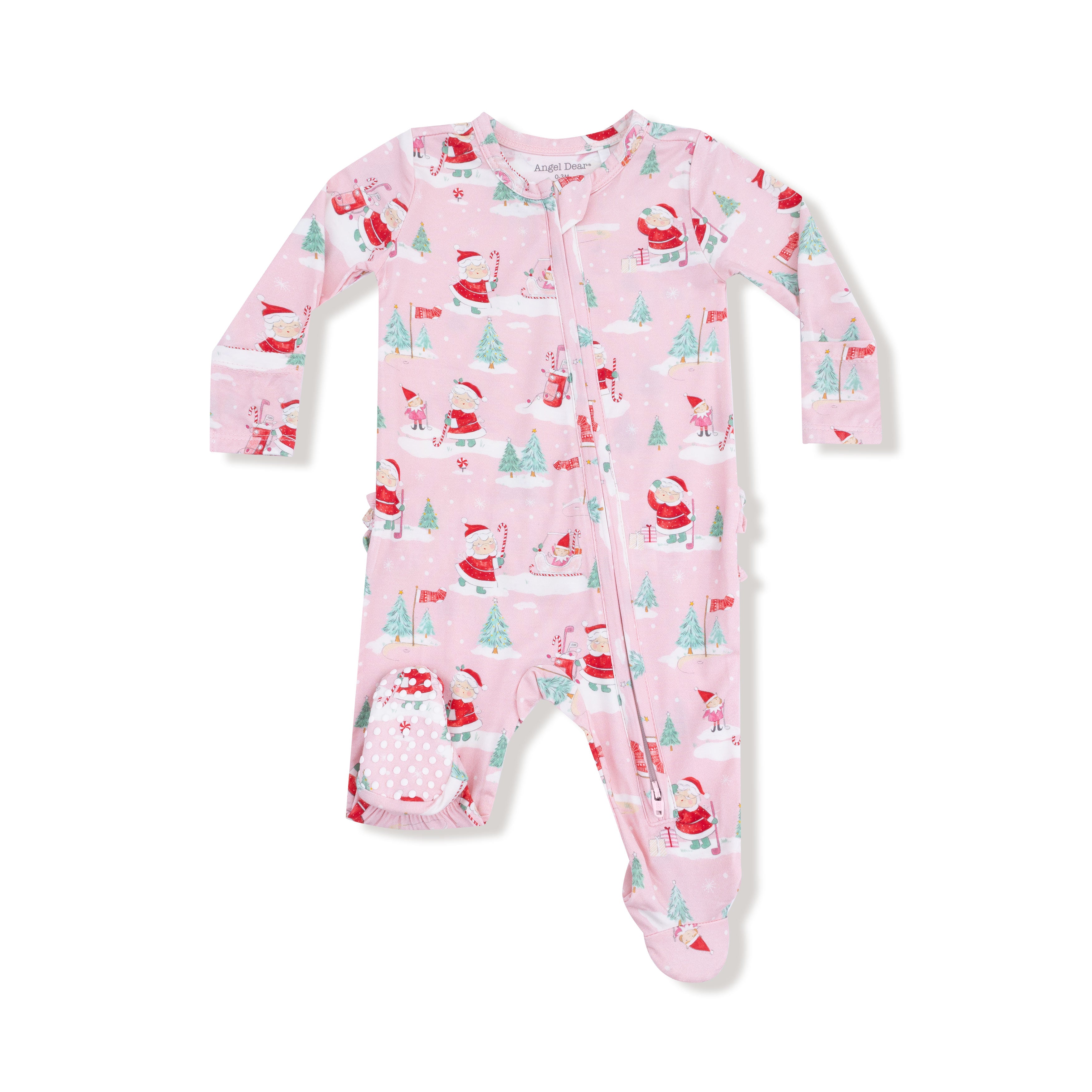 Golfing Mrs. Claus And Elves - 2 Way Zipper Ruffle Back Footie